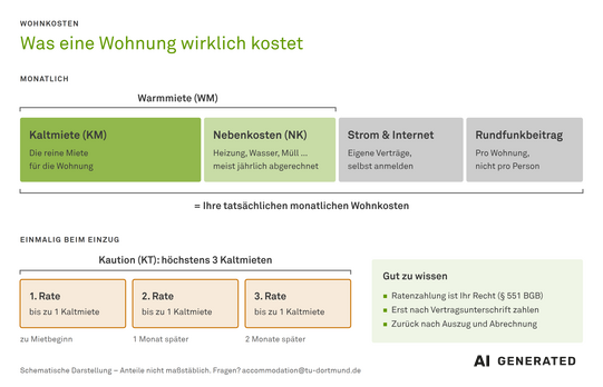 AI generated -   Monatlich: Kaltmiete (KM, die reine Miete) plus Nebenkosten (NK, Heizung, Wasser, Müll, meist jährlich abgerechnet) ergeben die Warmmiete (WM). Dazu kommen Strom und Internet mit eigenen Verträgen sowie der Rundfunkbeitrag, der pro Wohnung und nicht pro Person anfällt. Zusammen sind das Ihre tatsächlichen monatlichen Wohnkosten. Einmalig beim Einzug: die Kaution (KT) von höchstens drei Kaltmieten, zahlbar in drei Raten – zu Mietbeginn, einen und zwei Monate später. Ratenzahlung ist Ihr Recht nach § 551 BGB. Zahlen Sie erst nach der Vertragsunterschrift; die Kaution bekommen Sie nach Auszug und Abrechnung zurück.