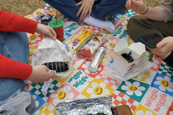 Hier sieht man Studentinnen auf einer Decke auf der Wiese sitzen. In der Mitte liegen Sushi Rollen. 