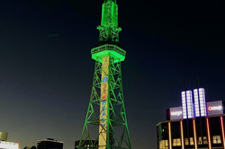 Der Fernsehturm in der Mitte des Bildes ist grün beleuchtet, dahinter der schwarze Nachthimmel und im Vordergrund ist ein Wasserbecken. 