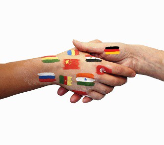 Handshake of two hands printed with flags