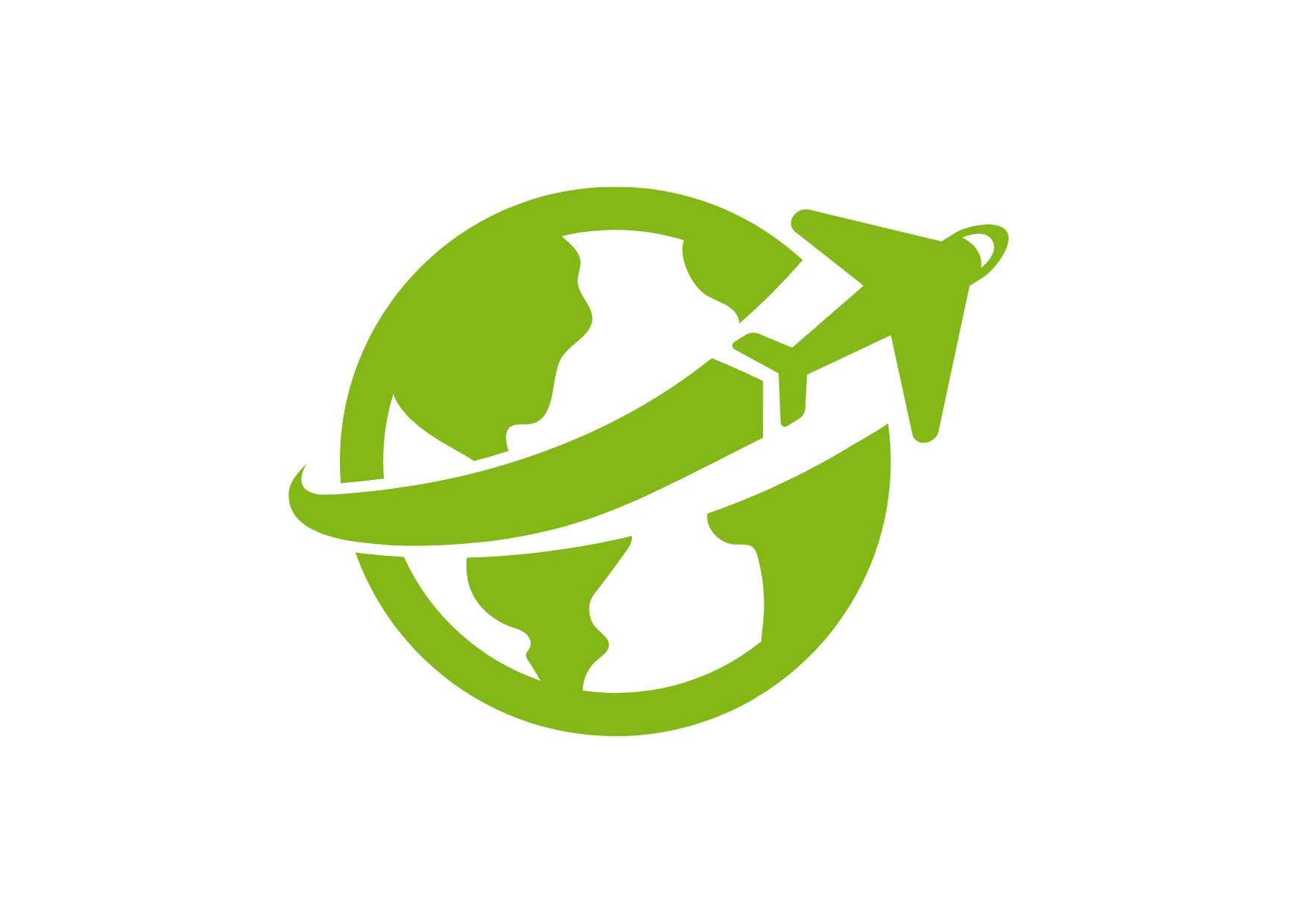 Eine Weltkugel mit überfliegendem Flugzeug (Icon, Piktogramm)