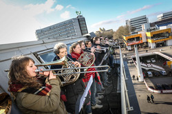 A brass band is playing on top of the roof of the library