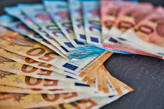Verschiedene Euro-Scheine liegen aufgefächtert auf einer Unterlage.