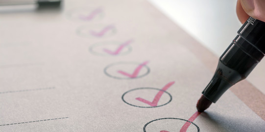 a list on a clipboard, a pen checks off individual fields